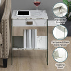 Convenience Concepts SoHo 1 Drawer Glass End Table 18" - 2 Tier Modern, Contemporary Square Side Accent with Storage Shelf for Living or Family Room, White Faux Marble