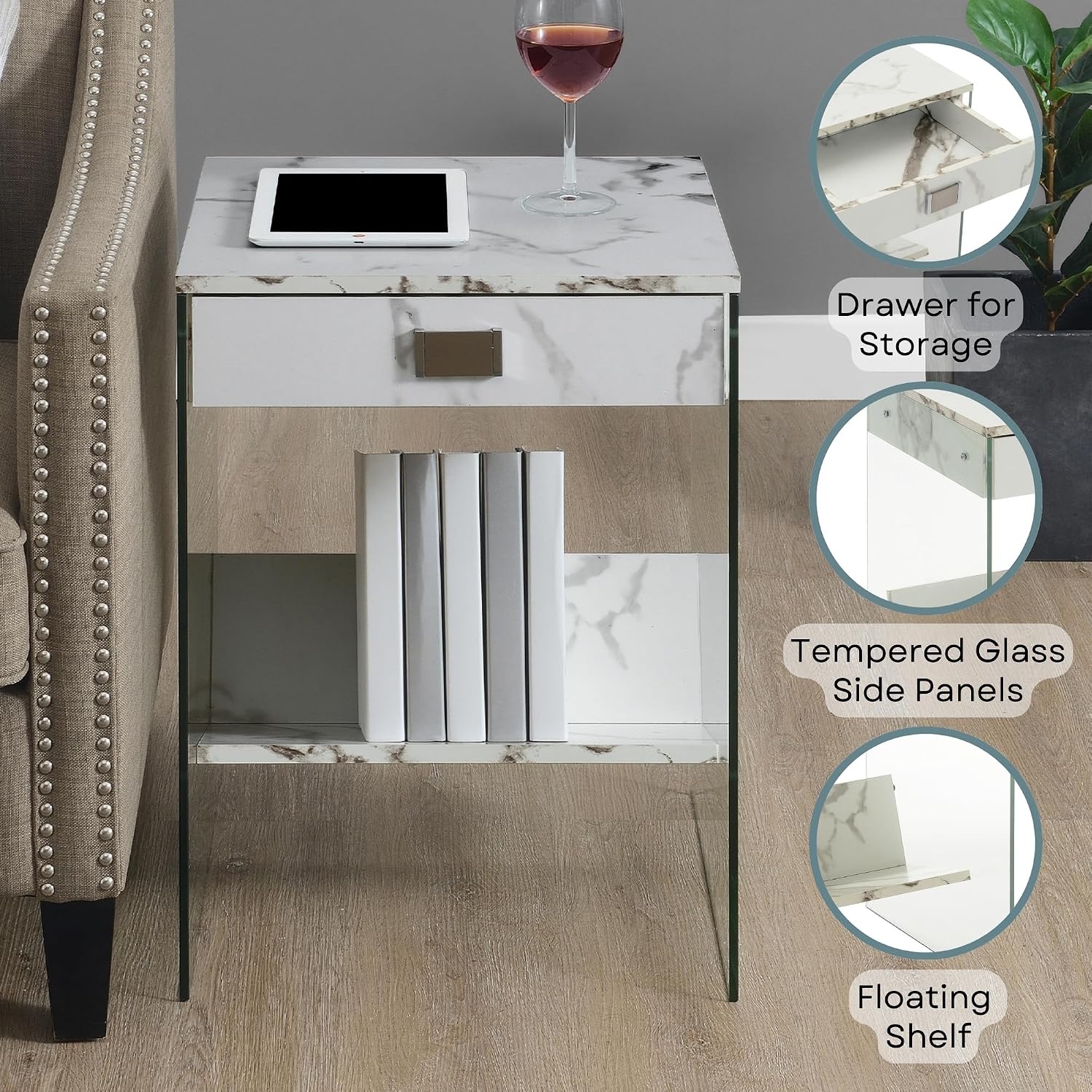 Convenience Concepts SoHo 1 Drawer Glass End Table 18" - 2 Tier Modern, Contemporary Square Side Accent with Storage Shelf for Living or Family Room, White Faux Marble