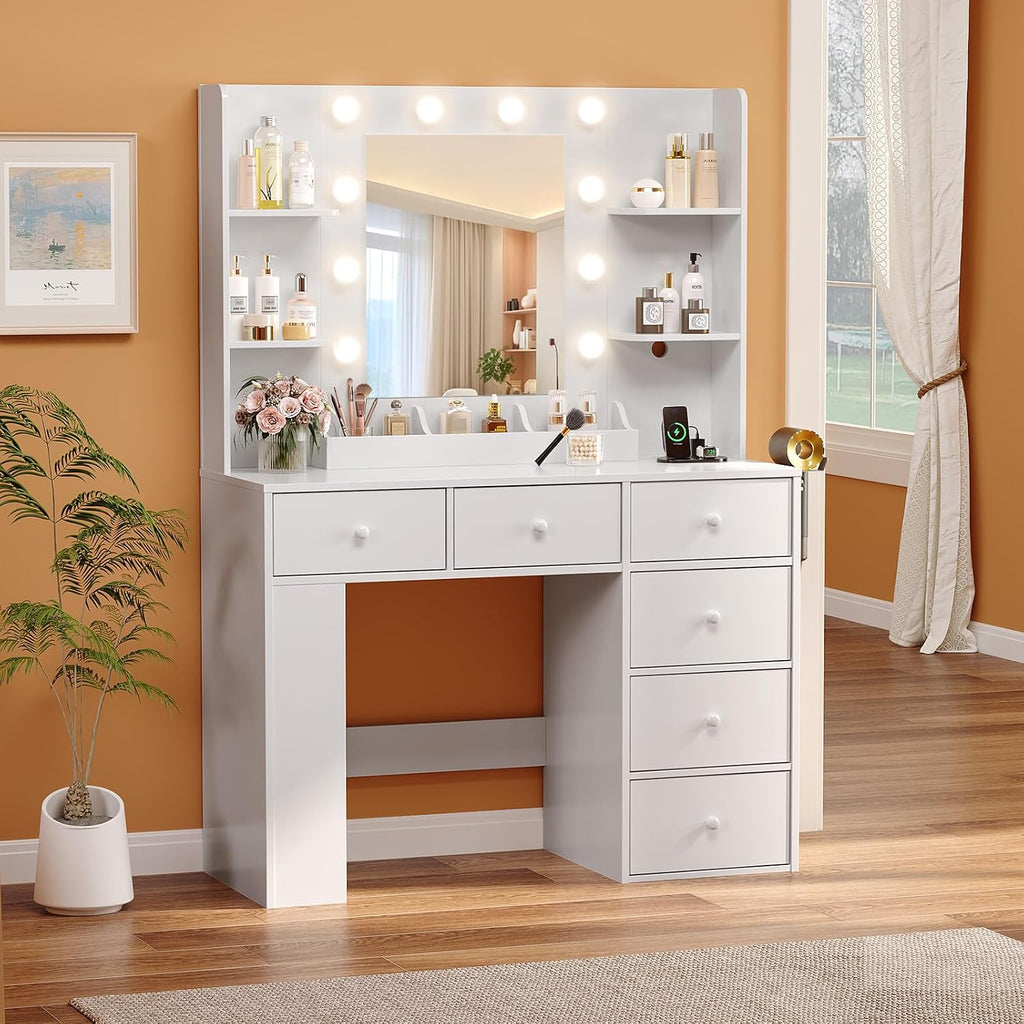 VINGLI Vanity Desk with Mirror and Lights, Makeup Vanity Table w/ 6 Storage Drawers & Shelevs, 58in White Dressing Table Built in Hollywood Bulbs & Charging Station & Hairdryer Holder, Gifts for Girls
