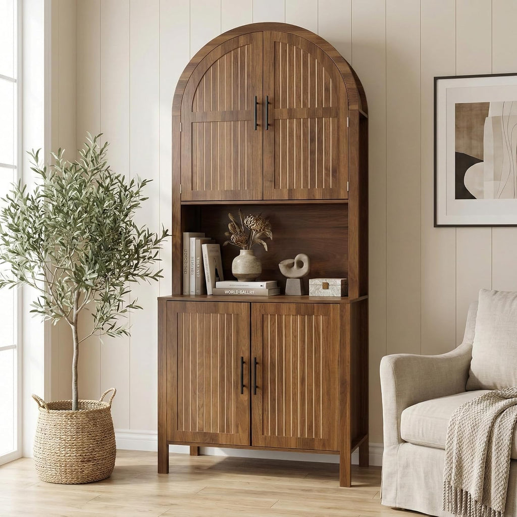 76" Tall Arched Kitchen Pantry, Large Kitchen Storage Cabinet with Fluted Doors and Microwave Stand, Modern Wood Buffet Sideboard, Adjustable Shelves, Cupboard for Dining Room, Living Room, Walnut