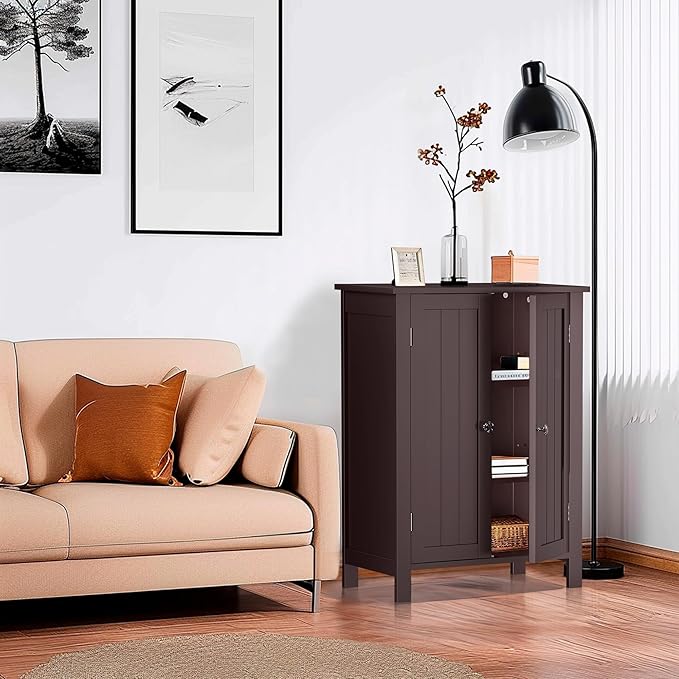 ZENY Bathroom Floor Storage Cabinet with Double Door + Adjustable Shelf, Wooden Organizer Cabinet for Living Room, Bathroom, Bedroom, Modern Home Furniture (Brown)