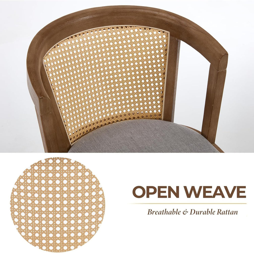 Kmax Modern Rattan Dining Chair Set of 4 Farmhouse Semi Barrel Dining Room Chair Wooden Upholstered Chair Oak Finish for Living Room Kitchen, Walnut/Grey Seat