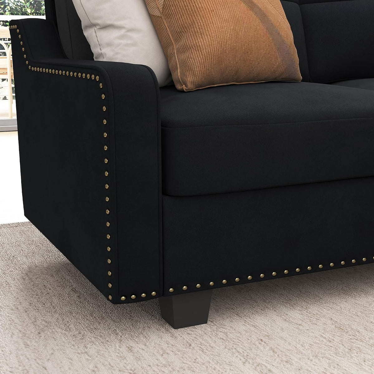 HONBAY Convertible Sectional Sofa L Shaped Couch,Velvet Black | Reversible Sectional Couch for Living Room for Small Apartment,Easy to transport and install