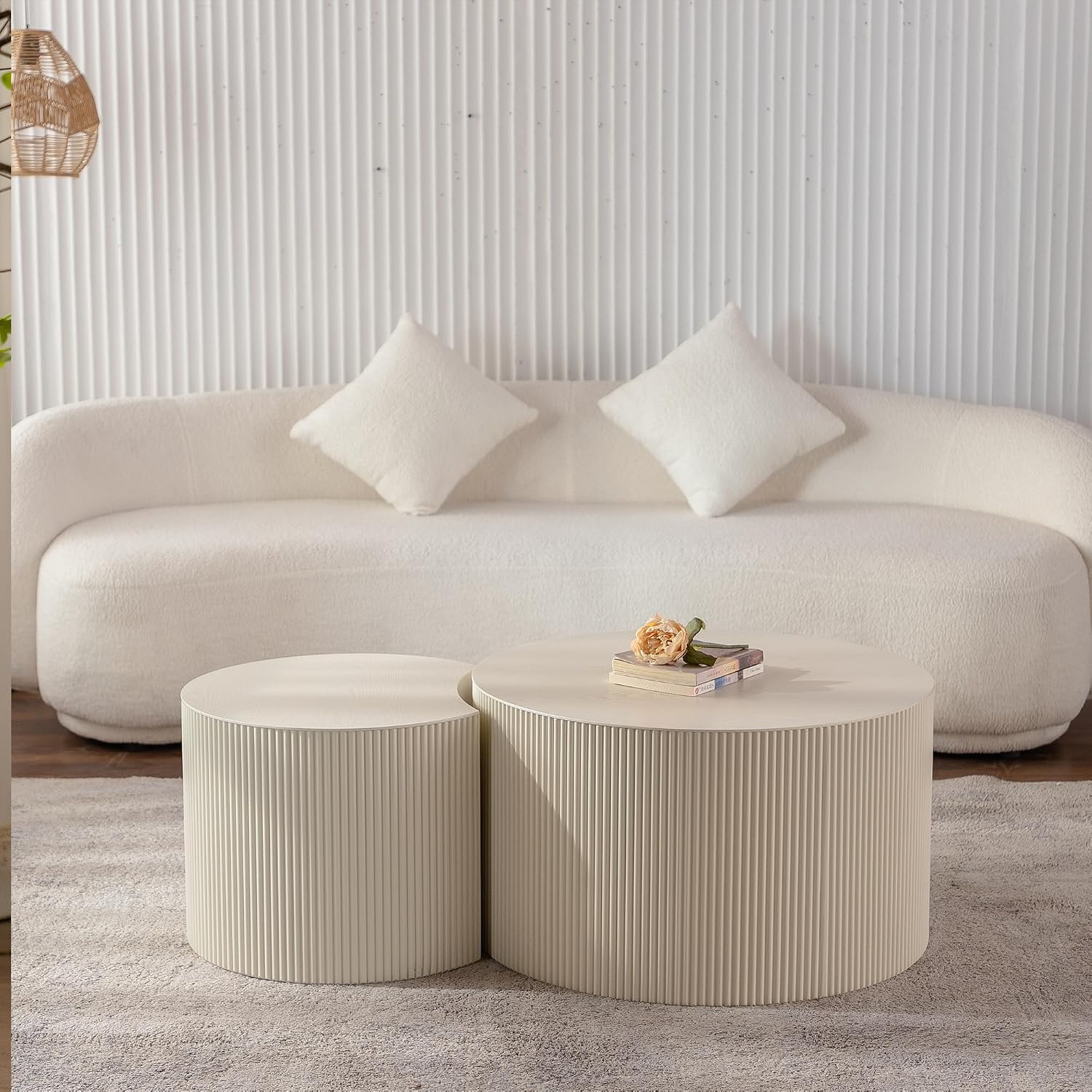 Nesting Coffee Table Set of 2, Round & Crescent Moon Wood Coffee Table and End Table Sets, Modern Luxury Accent Center Tea Table for Living Room Bedroom, （Beige + Cream, 18.9" & 14.96"
