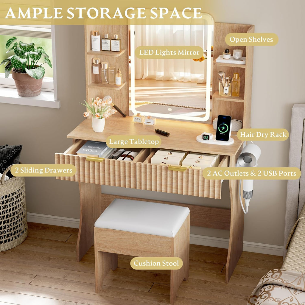 Vanity Desk with LED Lights Mirror & Power Outlet, Small Makeup Vanity Table Set with Storage Drawers & Chair, 3 Lighting Modes & Adjustable Brightness, Dressing Table for Women Girls Bedroom, Oak