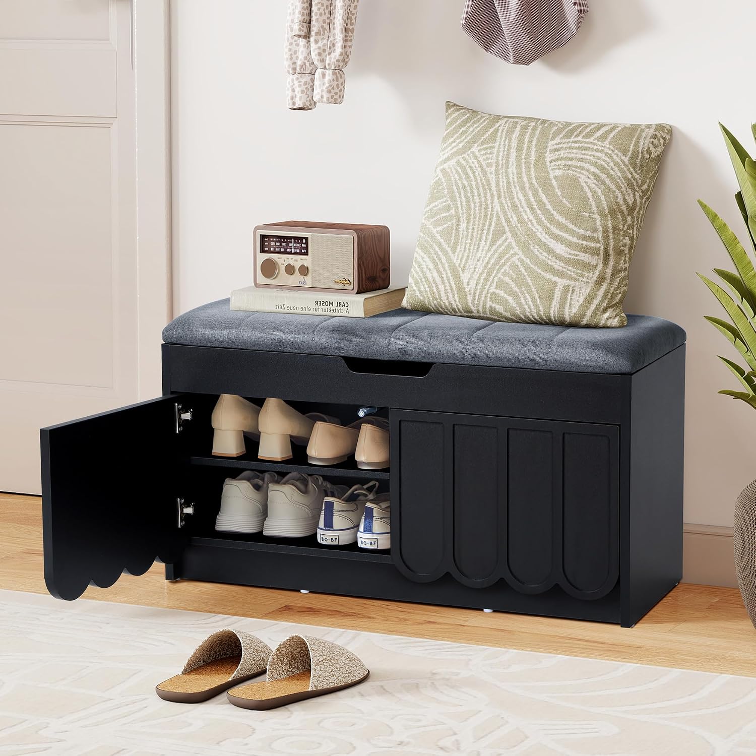 ORRD Shoe Storage Bench with Cushion, Entryway Shoe Cabinet Bench with 2 Scalloped Doors & Adjustable Shelf, 2-Tier Shoe Rack Organizer Cabine for Entryway, Hallway, Living Room (Black)
