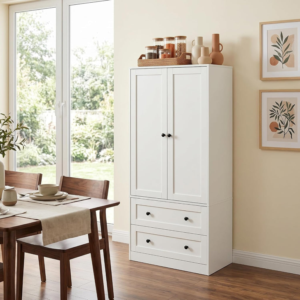 DIYART 64.2" Tall White Kitchen Pantry, Storage Cabinet with Doors and Drawers, Freestanding Wooden Organizer for Kitchen, Dining Room