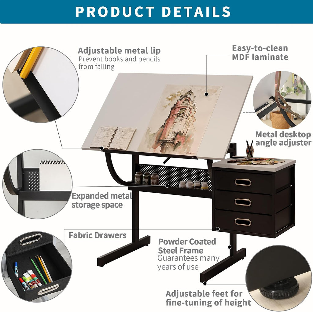 White Adjustable Drafting Table with Stool & 3 Drawers, Tilting Art Desk for Drawing & Crafting, Multi-Functional Study & Office Desk