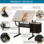 White Adjustable Drafting Table with Stool & 3 Drawers, Tilting Art Desk for Drawing & Crafting, Multi-Functional Study & Office Desk