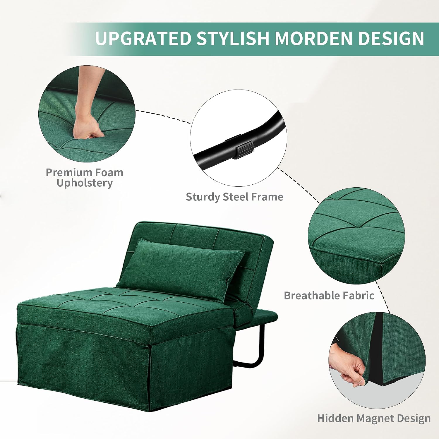 Green Sofa Bed, Convertible Chair 4 in 1 Multi-Function Modern Folding Ottoman Guest Bed with Adjustable Sleeper for Small Room Apartment