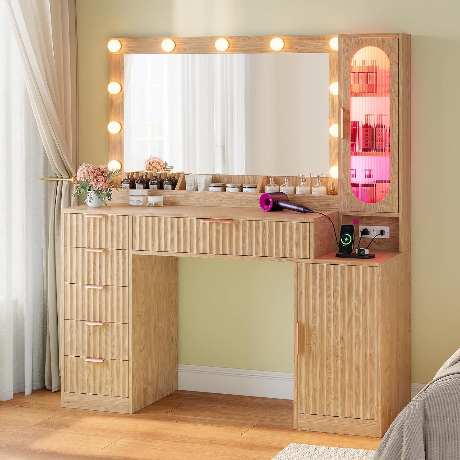BTHFST Fluted Wood Vanity Desk with Large 31.5" Mirror and Lights, Oak | 46.1" Makeup Vanity with Charging Station, Glass Cabinet with RGB Lights, Dressing Table with 6 Drawers & Cabinet & Shelves