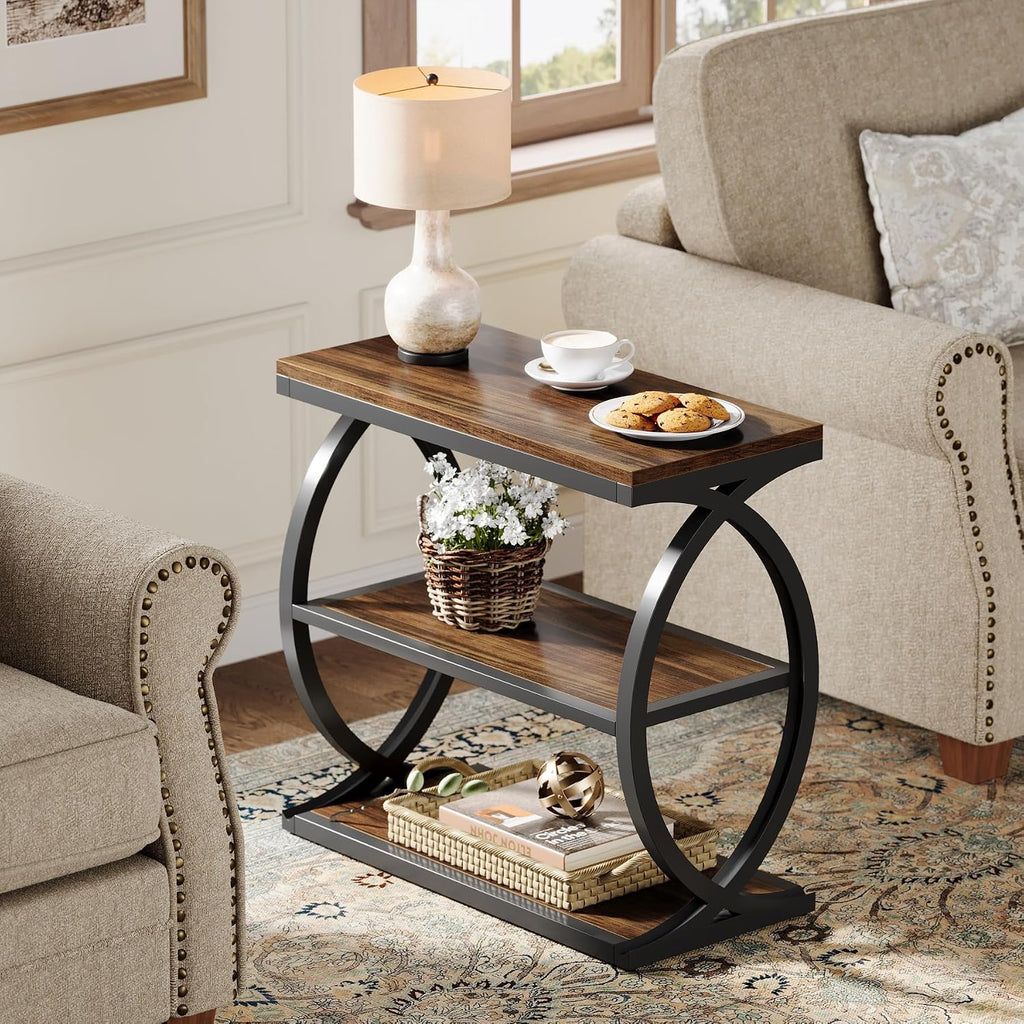 Tribesigns End Table, Narrow 3-Tier End Table for Living Room, Industrial Wooden Side Table with Metal Frame, Small Bedside Nightstand for Bedroom, Small Spaces, Rustic Brown