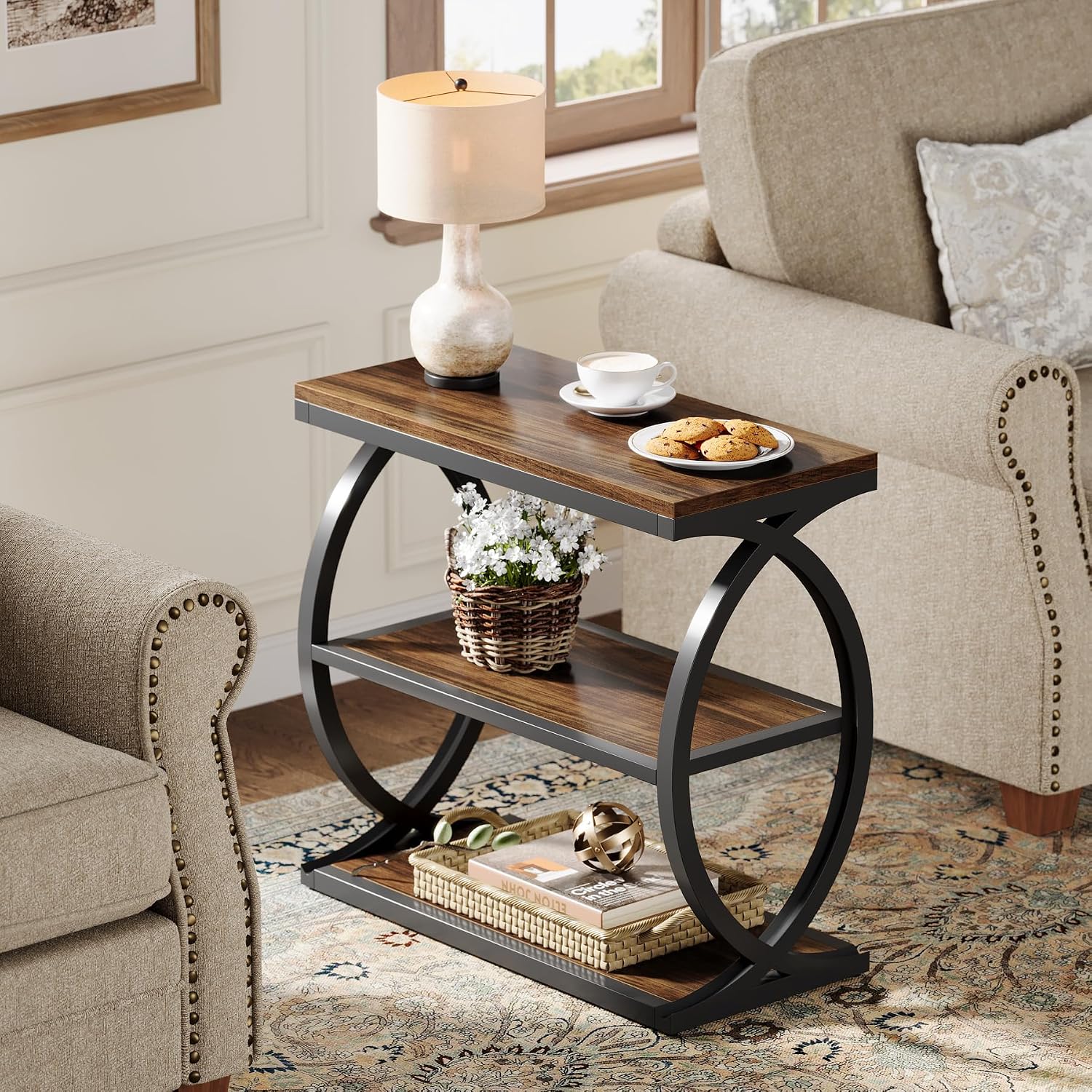 Tribesigns End Table, Narrow 3-Tier End Table for Living Room, Industrial Wooden Side Table with Metal Frame, Small Bedside Nightstand for Bedroom, Small Spaces, Rustic Brown