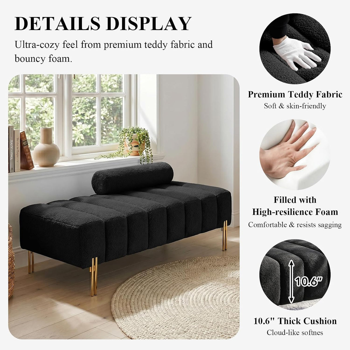 53.2" Width Ottoman Bench, Teddy Upholstered Accent Sofa with Metal Legs, Comfy Love Seat Couches with Adjustable Backrest, End of Bed Bench for Bedroom, Entryway (Black)