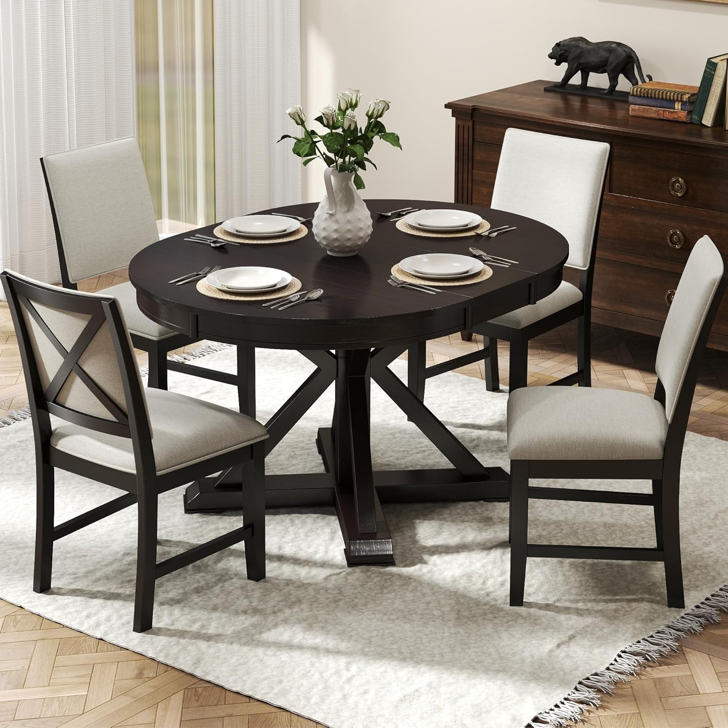 42"-54" Extendable Dining Table for 4-6 People Farmhouse Round/Oval Dining Room Table Solid Wood Kitchen Table with Cross Base (Dark Brown)