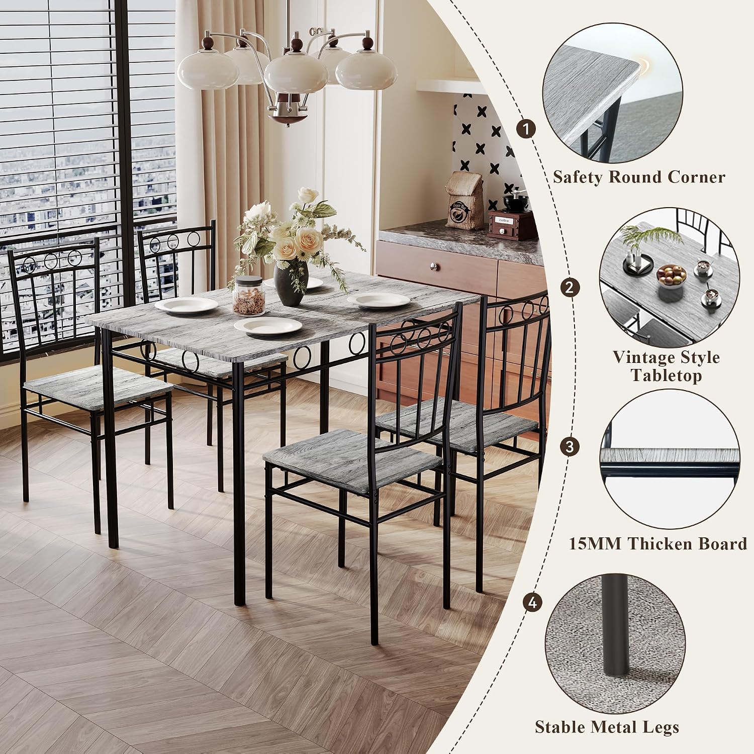 5 Piece Dining Table Set, Modern Metal&Wood Kitchen Dinner Table with 4 Chairs, Dining Room Table Sets for Small Spaces, Gray