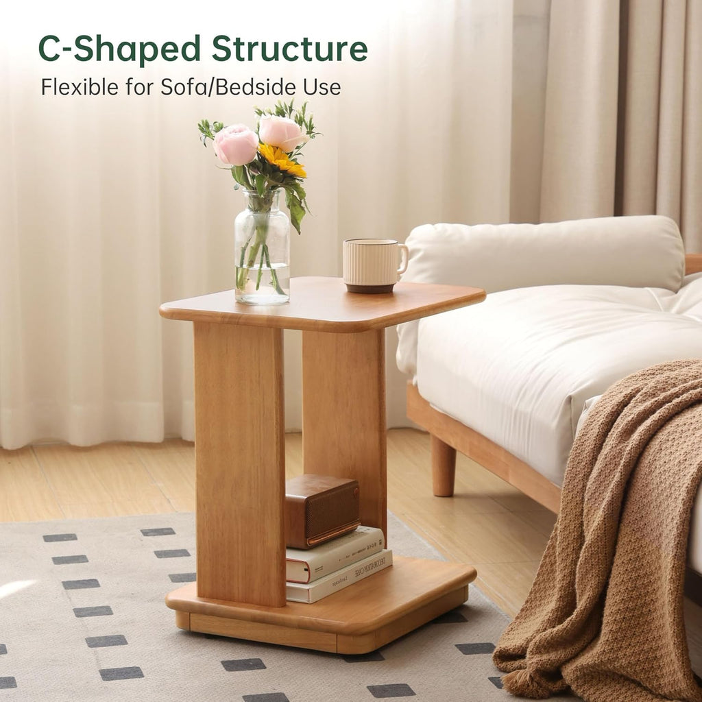 YESWOOD C Shaped End Table, Solid Wood Side Table, Small Rolling Side Table with 4 Lockable Wheels, 2-Tier Wood Bedside Table, End Tables Living Room, Bed Side Tables Bedroom, Home Office(19.69" H)