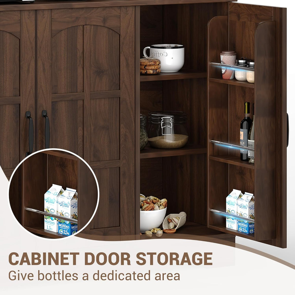 70.9" Tall Kitchen Pantry Cabinet with Glass Doors and Hutch, Freestanding Storage Cupboard with 5 Cabinets, Open Shelves & Inner Door Spice Racks, Multi-Purpose Organizer for Dining Room, Kitchen