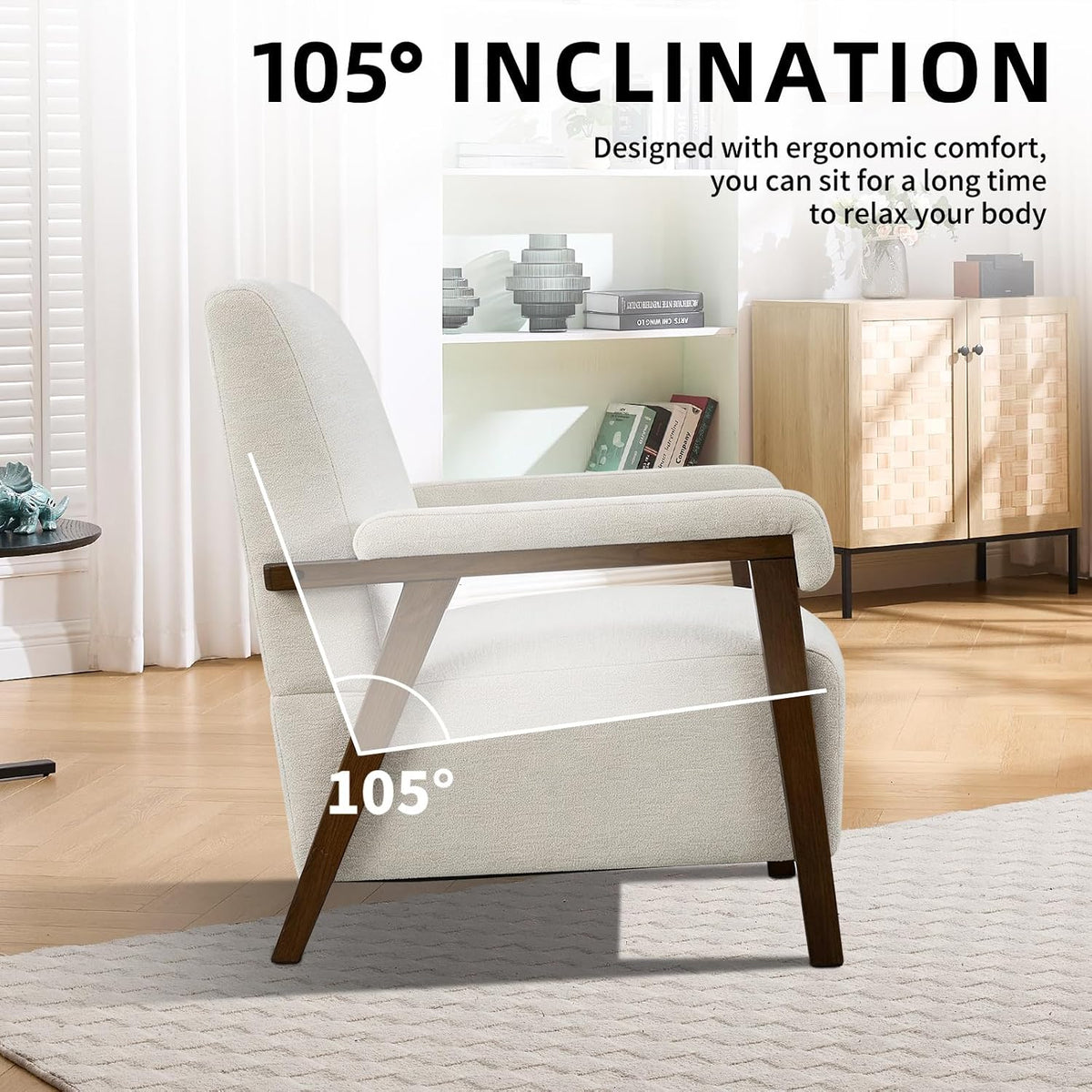 CANMOV Mid Century Modern Accent Chair, Upholstered Reading Armchair with Solid Wood Frame, Soft Fabric, Easy Assembly Sofa Chair for Bedroom, Living Room & Cafe (1, Crem White)