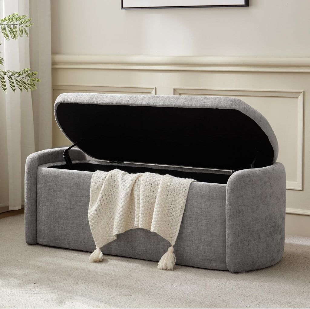 VKNOW 46" Oval Storage Ottoman Bench, Upholstered End of Bed Bench Ottomans Bench Foot Rest, Sherpa Storage Bench for Bedroom, Living Room and Hallway, Light Grey