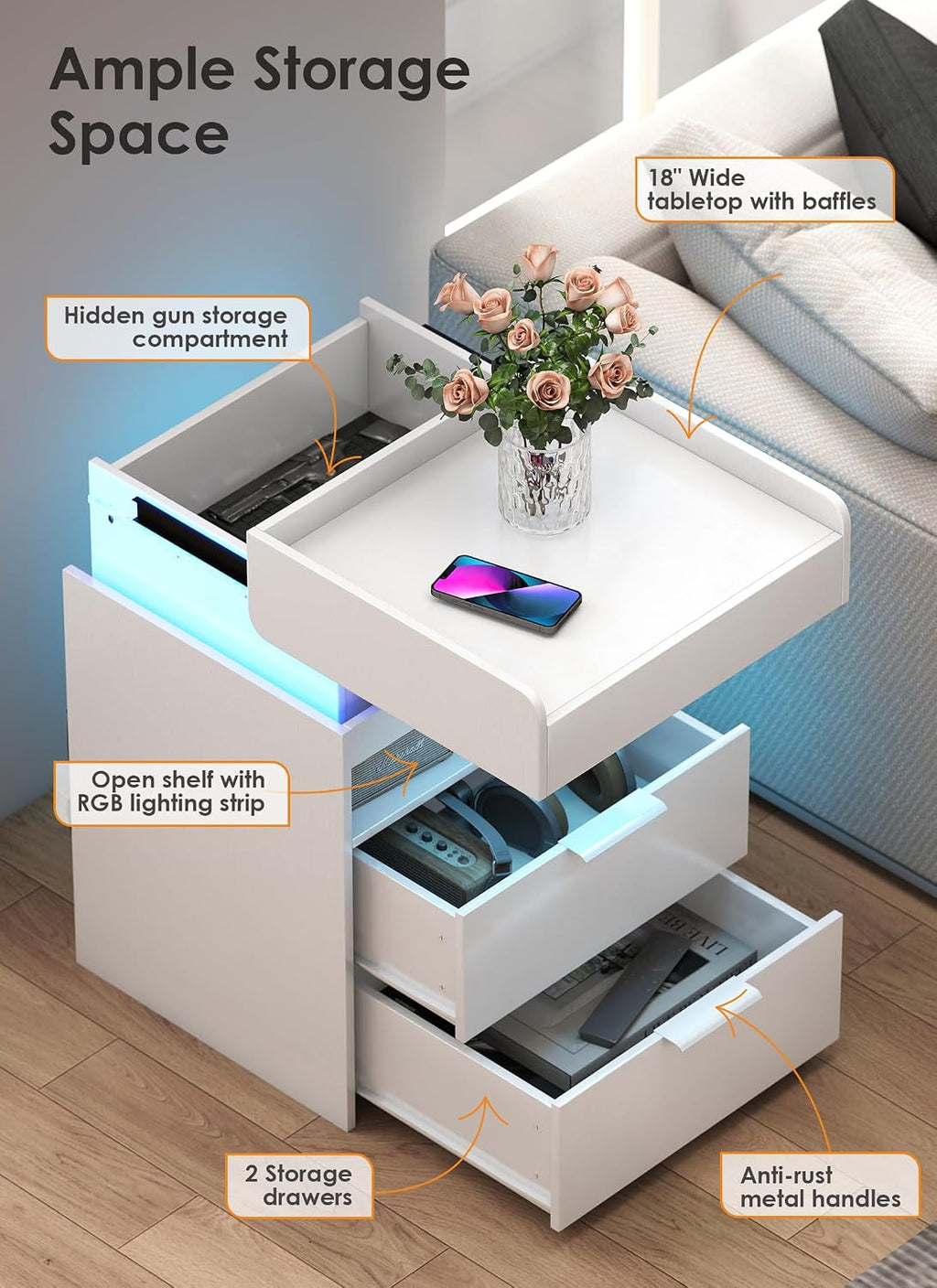Turosur White Nightstand with Charging Station and LED Lights, Modern Beside End Table with USB and Type-C Port for Bedroom Gaming Room