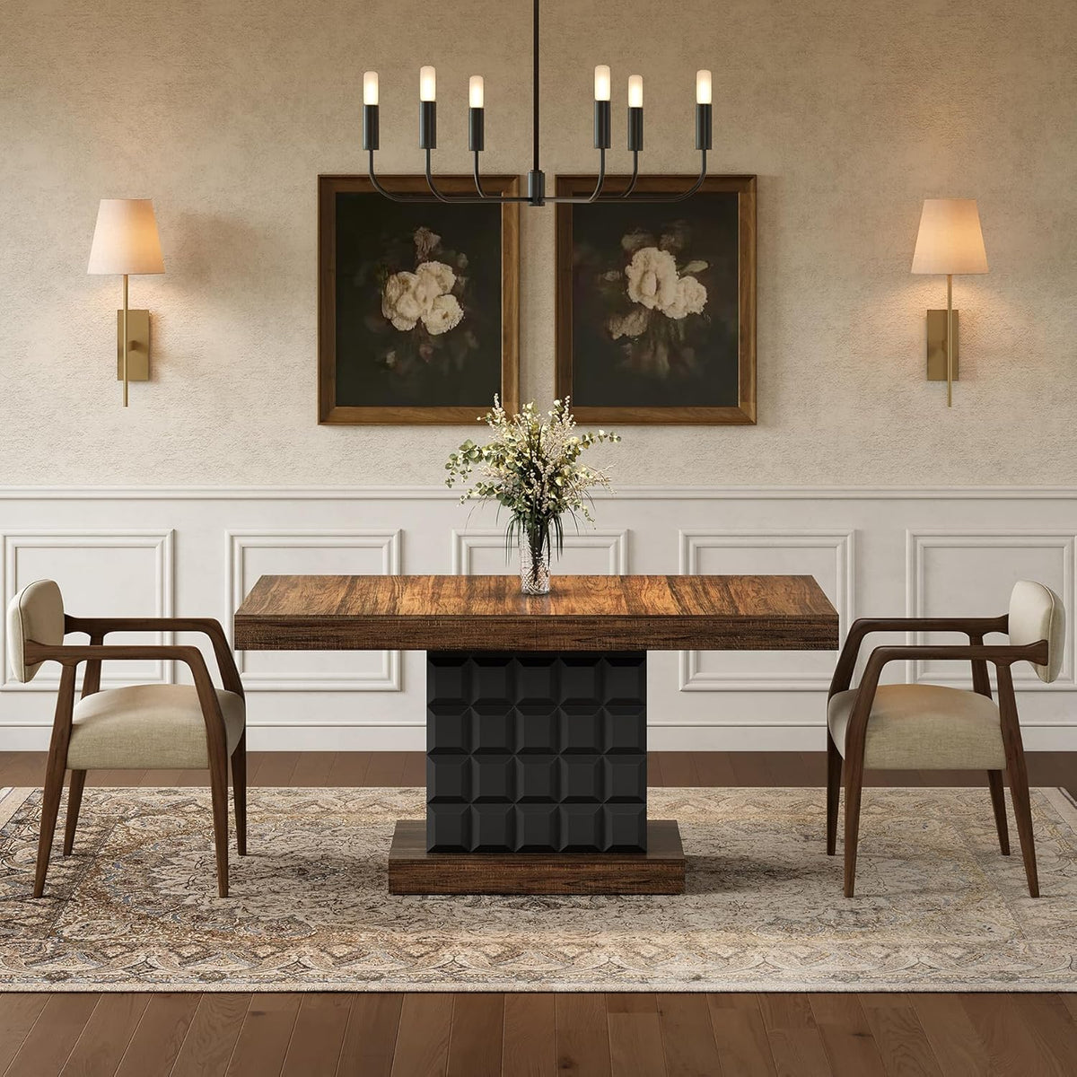 LITTLE TREE 63" Modern Dining Table, Rectangular Dinner Table for 4-6, Farmhouse Kitchen Table, Sturdy Wood Pedestal Base for Kitchen/Dining Room, Rustic Brown & Black