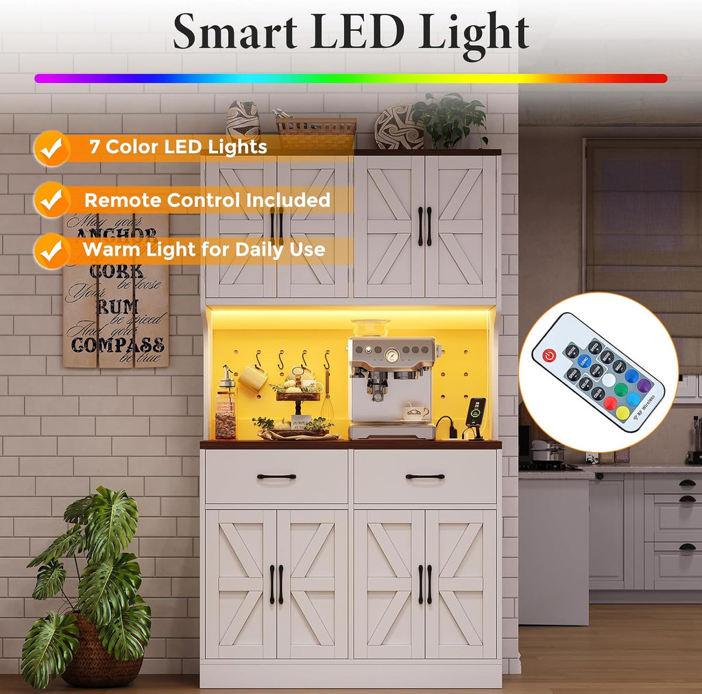 VK·LIVING 71" Kitchen Pantry Cabinet with LED Light & Charging Station, Farmhouse Storage Cabinet with Adjustable Shelves & 2 Drawers, Large Kitchen Pantry with Coffee Bar, White