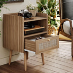 MECHYIN Night Stand Set 2, Nightstands Set of 2 with Charging Station, Rattan Side Tables with Solid Wood Legs, Boho Bedside End Table for Apartment Bedroom Dorm Small Space