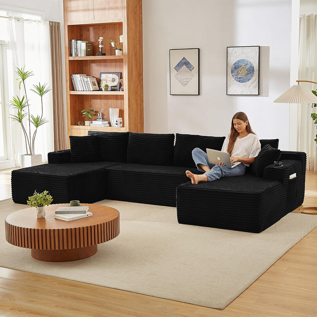 Tmsan 133.5" Black Sectional Sofa Couches for Living Room, Oversized U Shaped Cloud Modular Set with Cup Holders & Side Pockets & Deep Seat, Comfy Corduroy Foam Compressed No Assembly