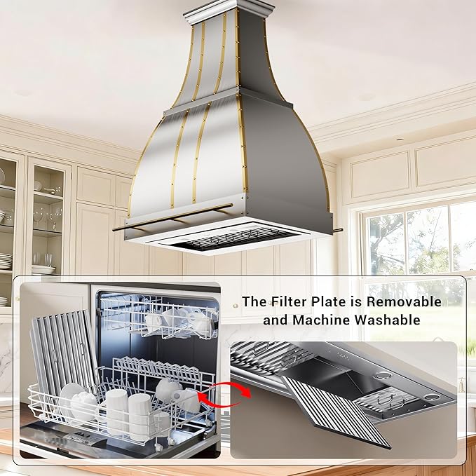CHETTO C Stainless Steel Range Hood Cover with Quiet Vent Hood Insert Custom Handcrafted Metal Kitchen Fan with Towel Rack LED Light 30"W x27"D x48"H Brushed Stainless Steel Island Mount