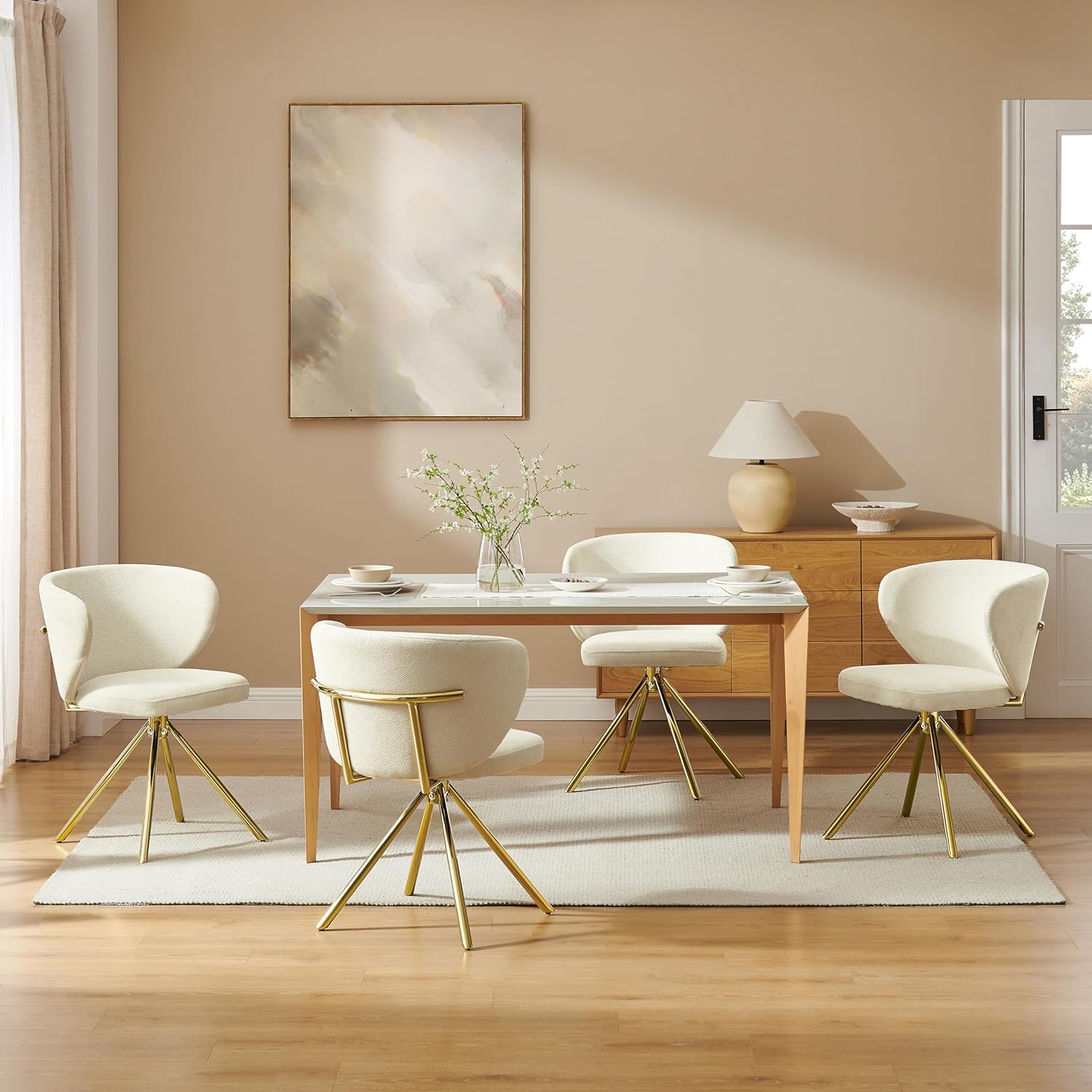 Art Leon Swivel Dining Chairs Set of 2 - Modern Fabric Upholstered Kitchen Dining Room Chairs, Armless Accent Chairs with Golden Metal Legs, Side Chairs for Vanity, Off White