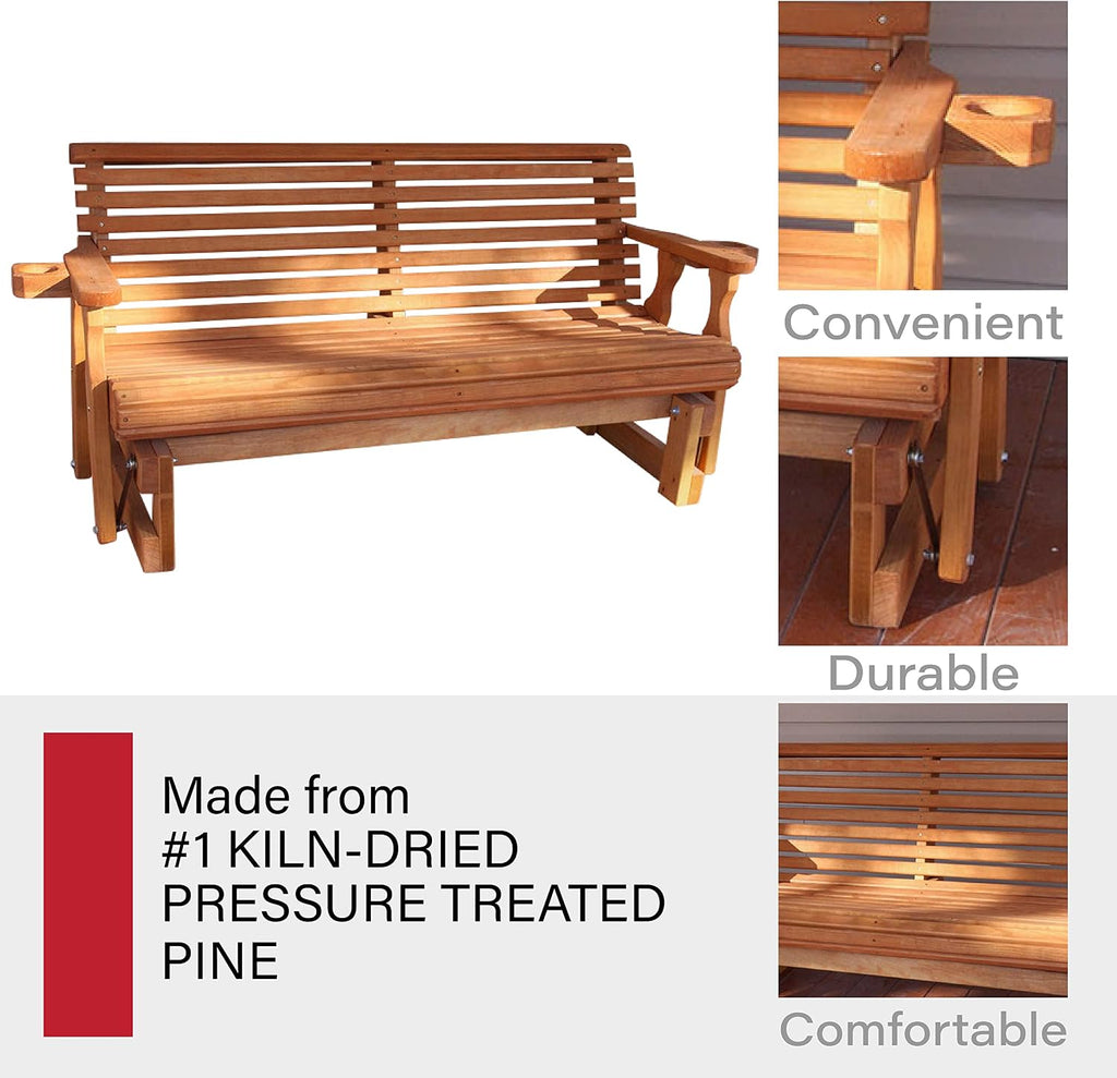 Amish Casual Heavy Duty 800 Lb Roll Back Pressure Treated Porch Glider with Cupholders (4 Foot, Cedar Stain)