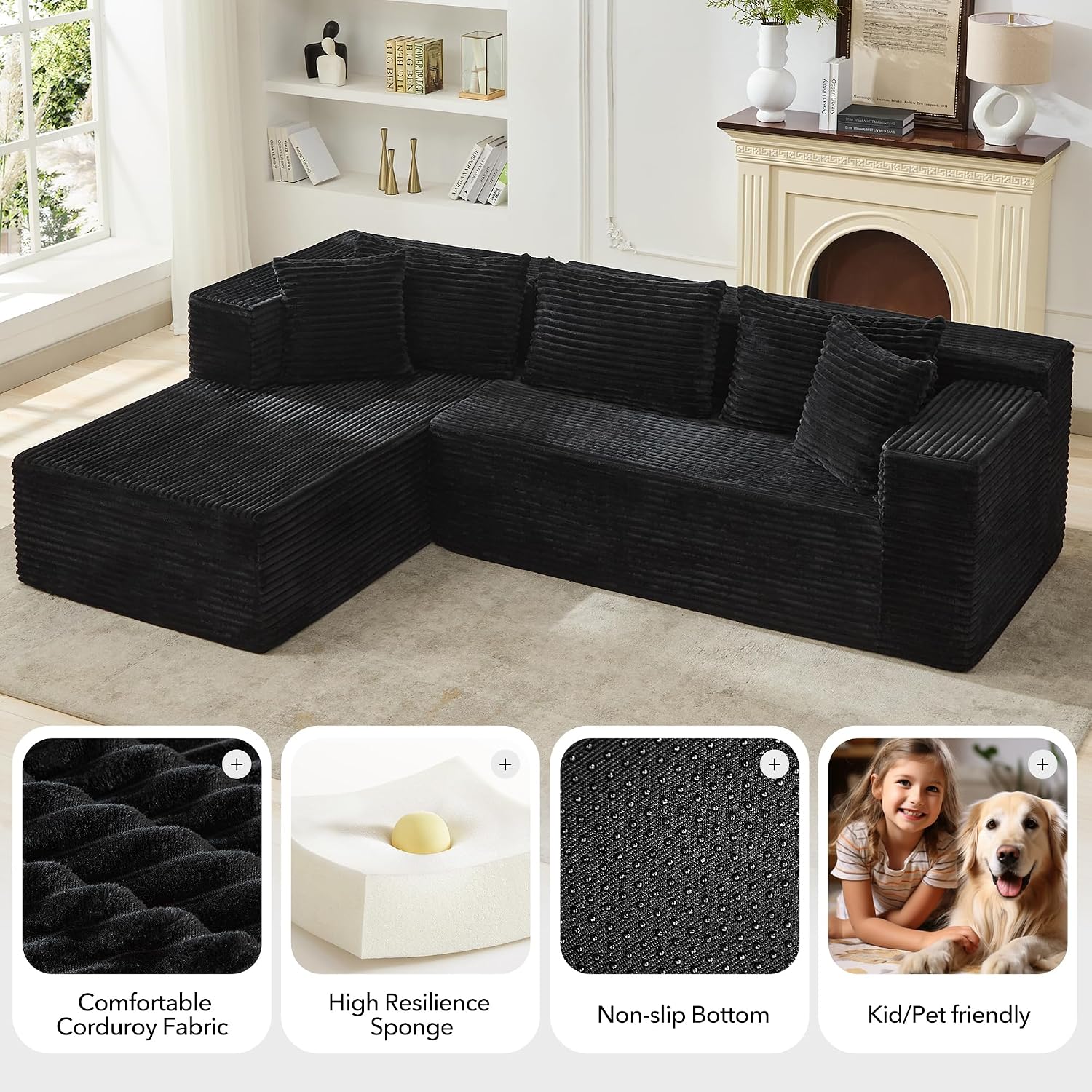 106" L Shaped Modular Cloud Sectional Sofa with Cushions, Black | 4-in-1 DIY Combination, Ultra-Wide Corduroy Fabric, No Assembly Required, Right Hand Facing Couch for Living Room