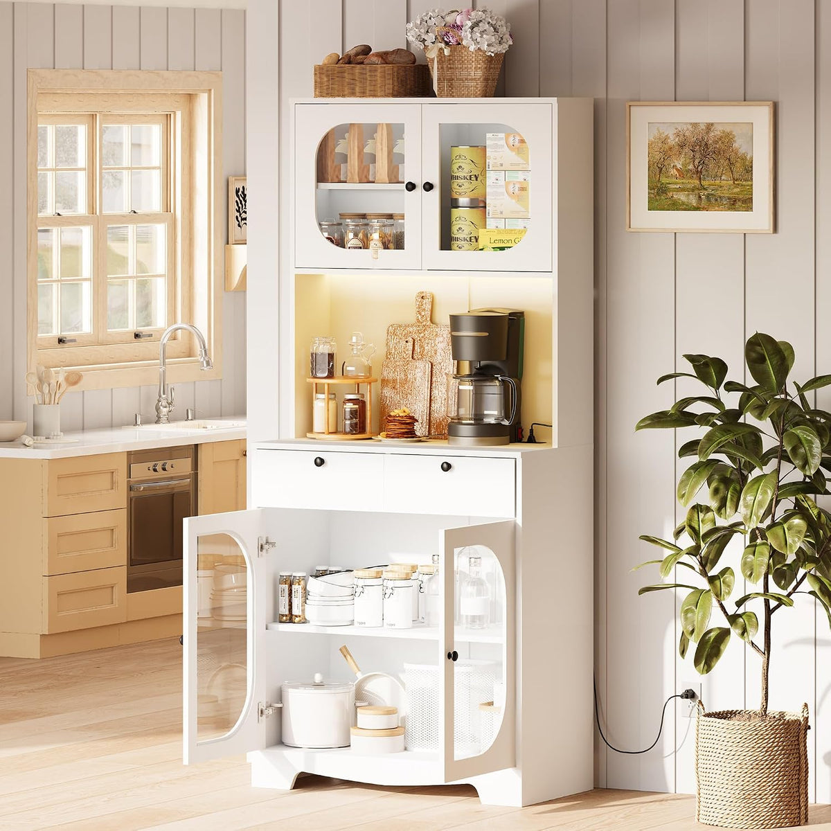 72" Black Kitchen Pantry Cabinet with Lights and Charging Station, Tall Hutch Storage Cabinet Coffee Bar Cabinet with Microwave Shelf for Dining Room