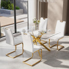 5-Piece Dining Table Set for 4, Modern Rectangular Glass Table with 4 Upholstered Leather Chairs, Space-Saving Dining Room Furniture Table & Chair Sets for Small Spaces & Apartment(White&Gold)