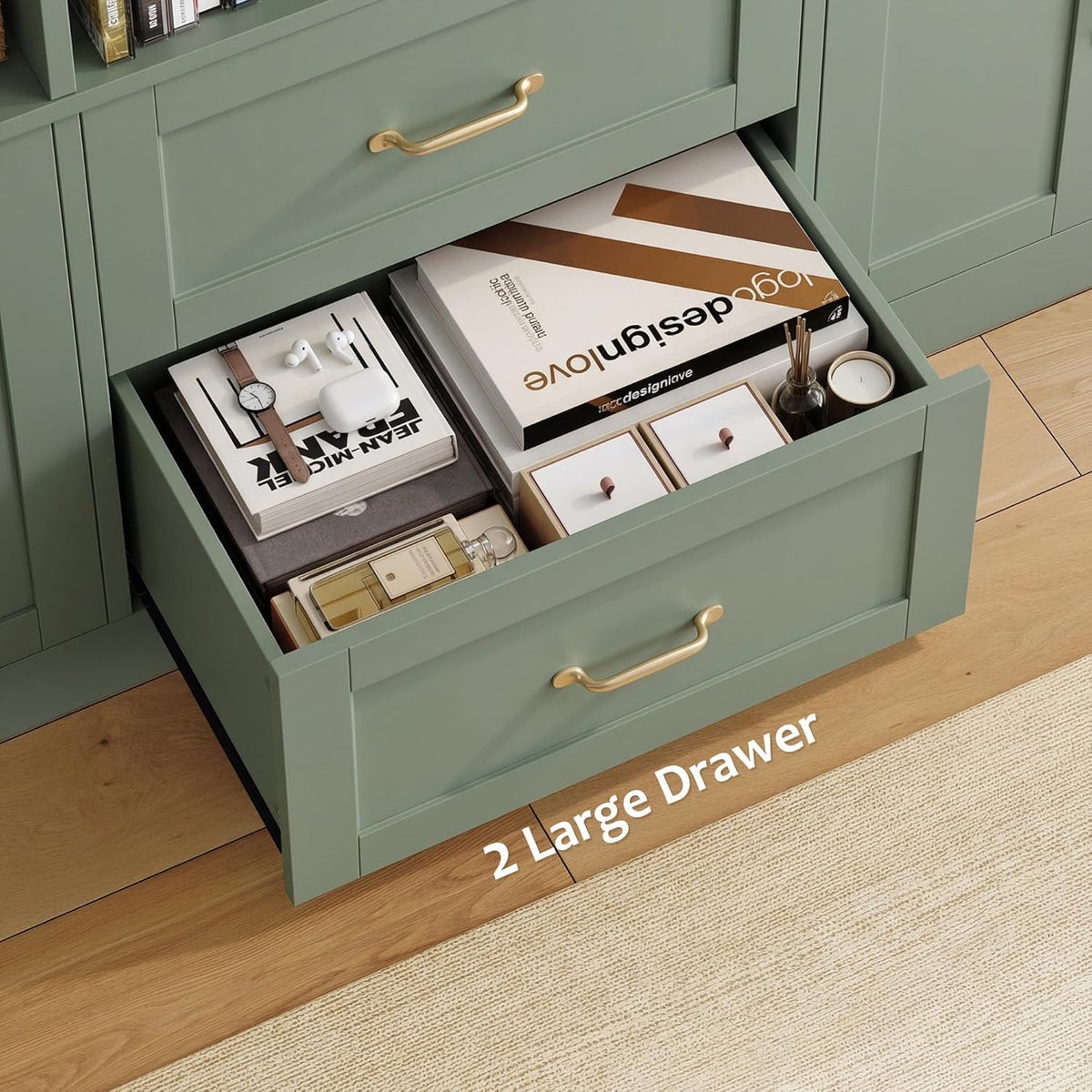 HOSTACK 71" Tall Triple Wide Bookshelf with Storage Drawers & Doors, Green