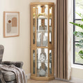 Tall Corner Cabinet with Glass Doors, Lighted Glass Display Curio Cabinet with Adjustable Shelves, Home Office Floor Standing Display Cabinets for Bar, Liquor Storage and Medal, Light Oak