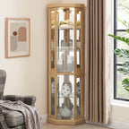 Tall Corner Cabinet with Glass Doors, Lighted Glass Display Curio Cabinet with Adjustable Shelves, Home Office Floor Standing Display Cabinets for Bar, Liquor Storage and Medal, Light Oak