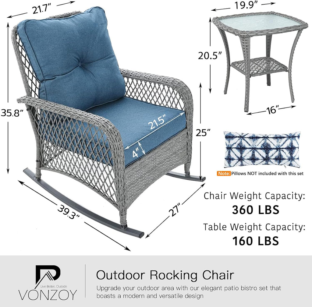 Patio Furniture Set 3 Pieces, Wicker Outdoor Rocking Bistro Set, Blue | VONZOY Outdoor Rocker Chairs with 4" Thick Cushions and Coffee Table for Porch, Backyard or Garden