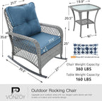 Patio Furniture Set 3 Pieces, Wicker Outdoor Rocking Bistro Set, Blue | VONZOY Outdoor Rocker Chairs with 4" Thick Cushions and Coffee Table for Porch, Backyard or Garden