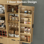 71" Tall Fluted Kitchen Pantry Storage Cabinet with 2 Drawers & 7 Door Shelf,Modern Kitchen Hutch Cabinet with Adjustable Shelves,Wood Food Pantry w/Wine Rack & Glass Holder,Cupboard for Dining Room