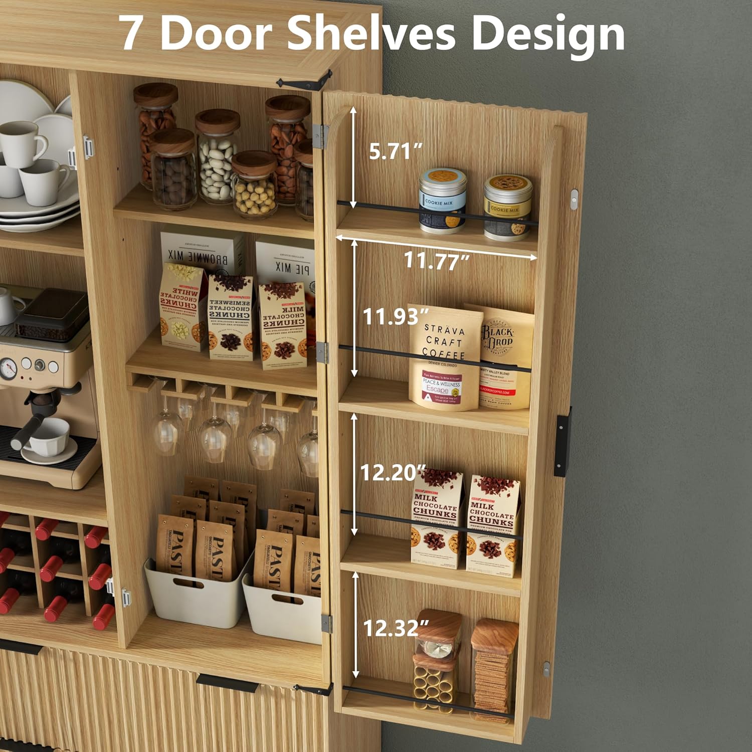 71" Tall Fluted Kitchen Pantry Storage Cabinet with 2 Drawers & 7 Door Shelf,Modern Kitchen Hutch Cabinet with Adjustable Shelves,Wood Food Pantry w/Wine Rack & Glass Holder,Cupboard for Dining Room