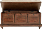 OSP Home Furnishings Dover Coastal Lift-Top Storage Bench with Shutter Face Styling, Distressed Brown Finish with Beige Linen Fabric Cushion