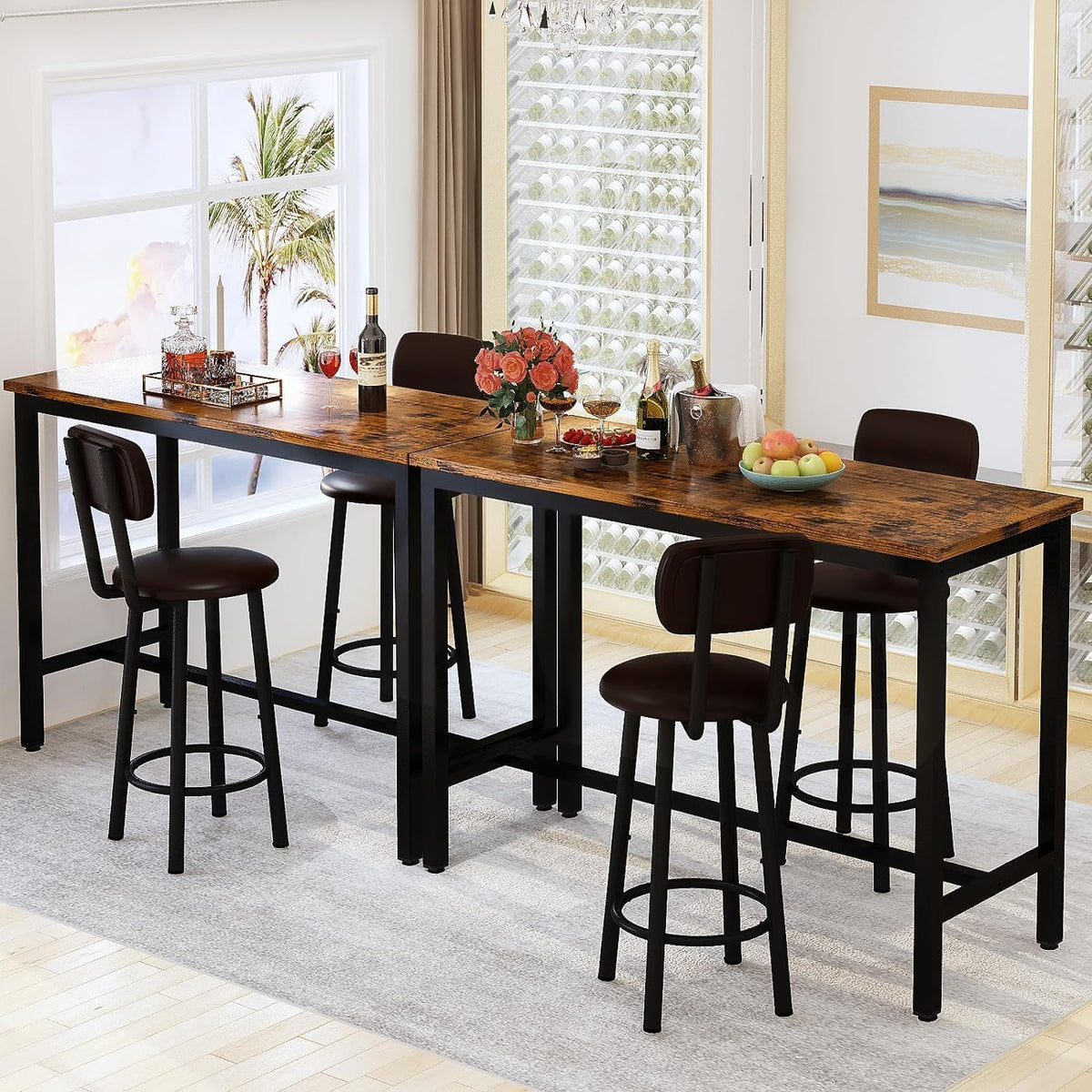 AWQM Bar Table Set of 2, Industrial Bar Table and Chairs Set of 2,3 Piece Bar Height Table with 2 Backrests Stools,Small Kitchen Table for 2,Small Space,Brown & Black