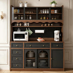 63'' Kitchen Pantry Cabinet with Power Outlet,Large Kitchen Hutch Cabinet with 6 Drawers and Adjustable Shelves,Wood Buffet Cabinets for Dining Room and Living Room(Black and Walnut)