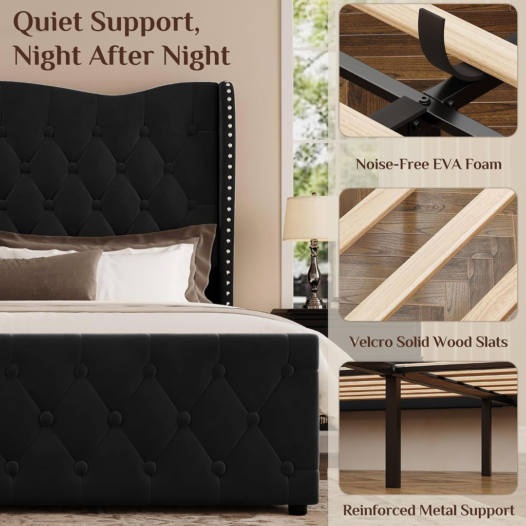 King Size Bed Frame with 53.15" High Crown Headboard, Black