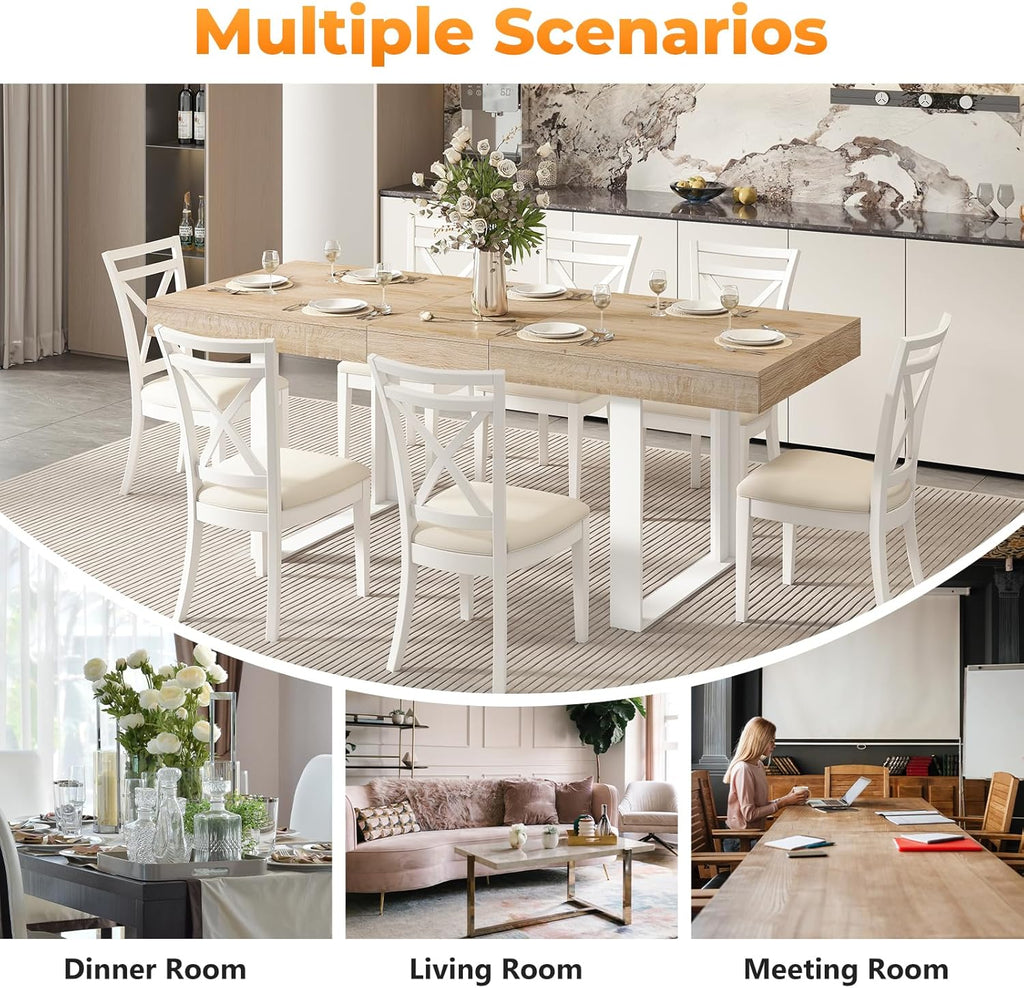 Zevemomo 63"-78.7" Expandable Dining Table, 6-10 Extendable Dining Table, Rectangle Conference Table, Farmhouse Kitchen Table with Slide Track, Tapered U-Shaped Wood Legs for Office, Living Room-Oak