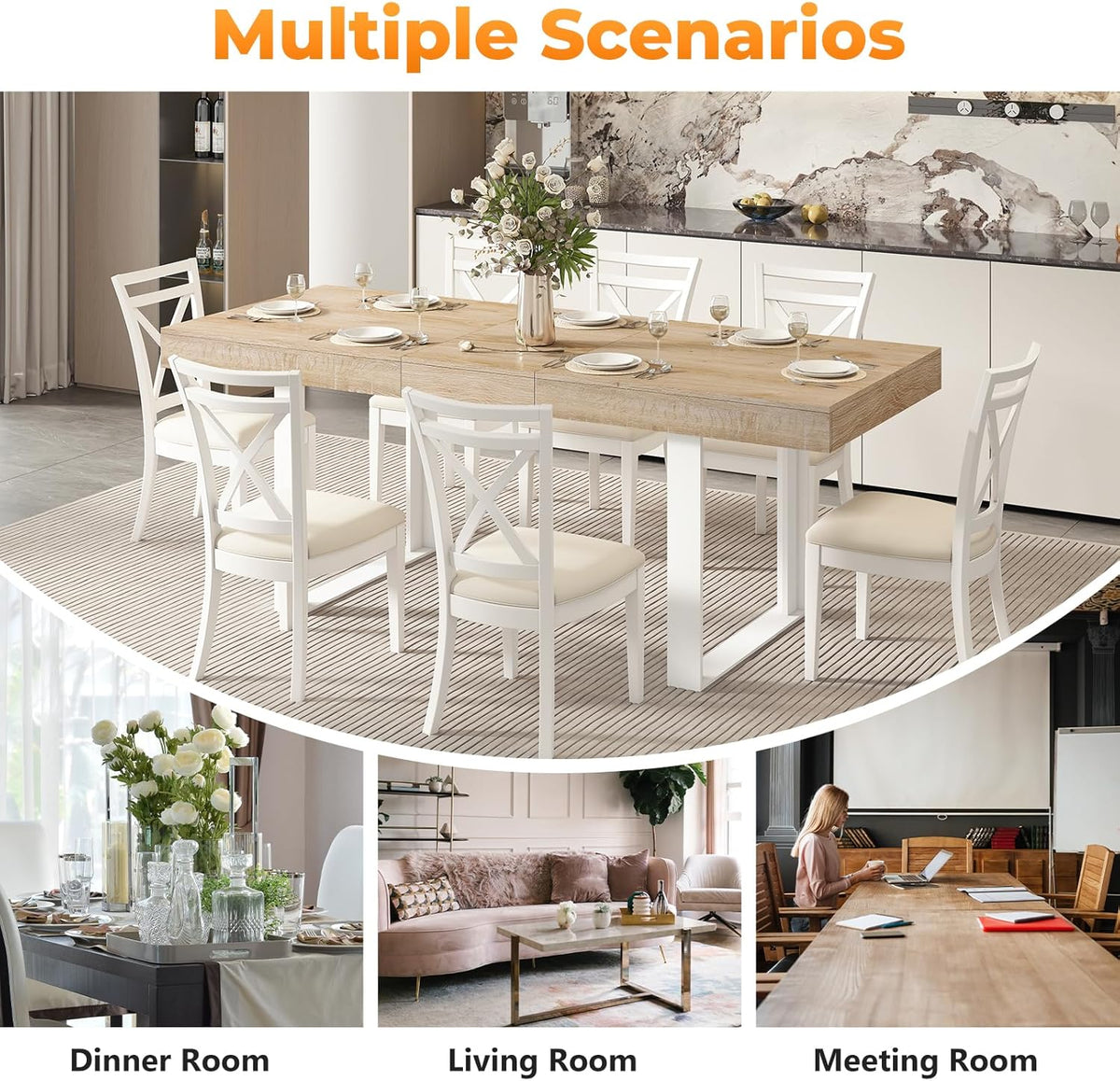 Zevemomo 63"-78.7" Expandable Dining Table, 6-10 Extendable Dining Table, Rectangle Conference Table, Farmhouse Kitchen Table with Slide Track, Tapered U-Shaped Wood Legs for Office, Living Room-Oak