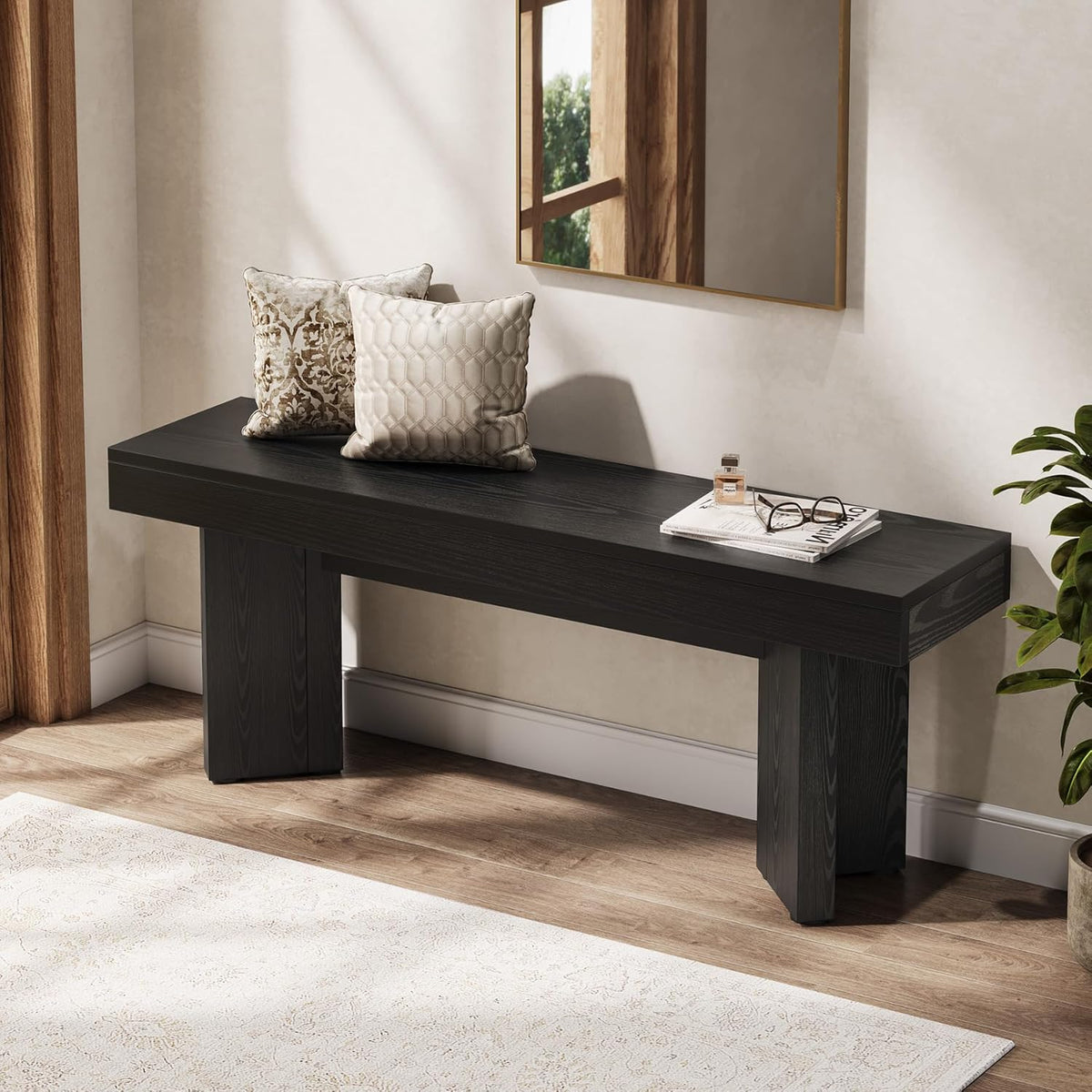 Tribesigns Farmhouse Wooden Dining Bench, 47" Indoor Entryway Bench with Sturdy Frame for Dining Room, Livingroom, Hallway, End of Bed (Black)