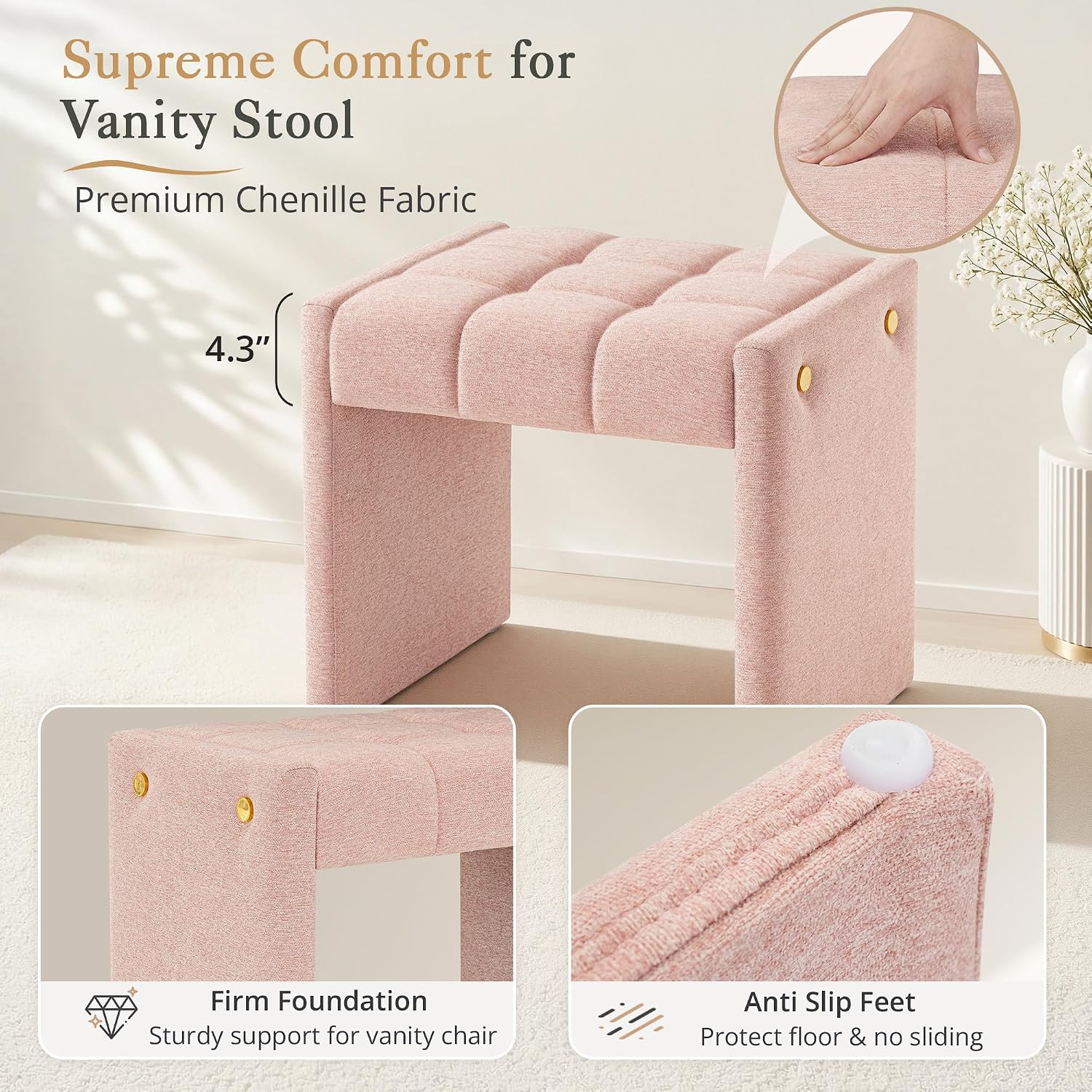 LUE BONA Modern Grid Tufted Vanity Bench Stool, 4.33'' Thick Chenille Upholstered Ottoman Footstool for Makeup Room, Bedroom & Living Room, 200lbs Capacity, Pink